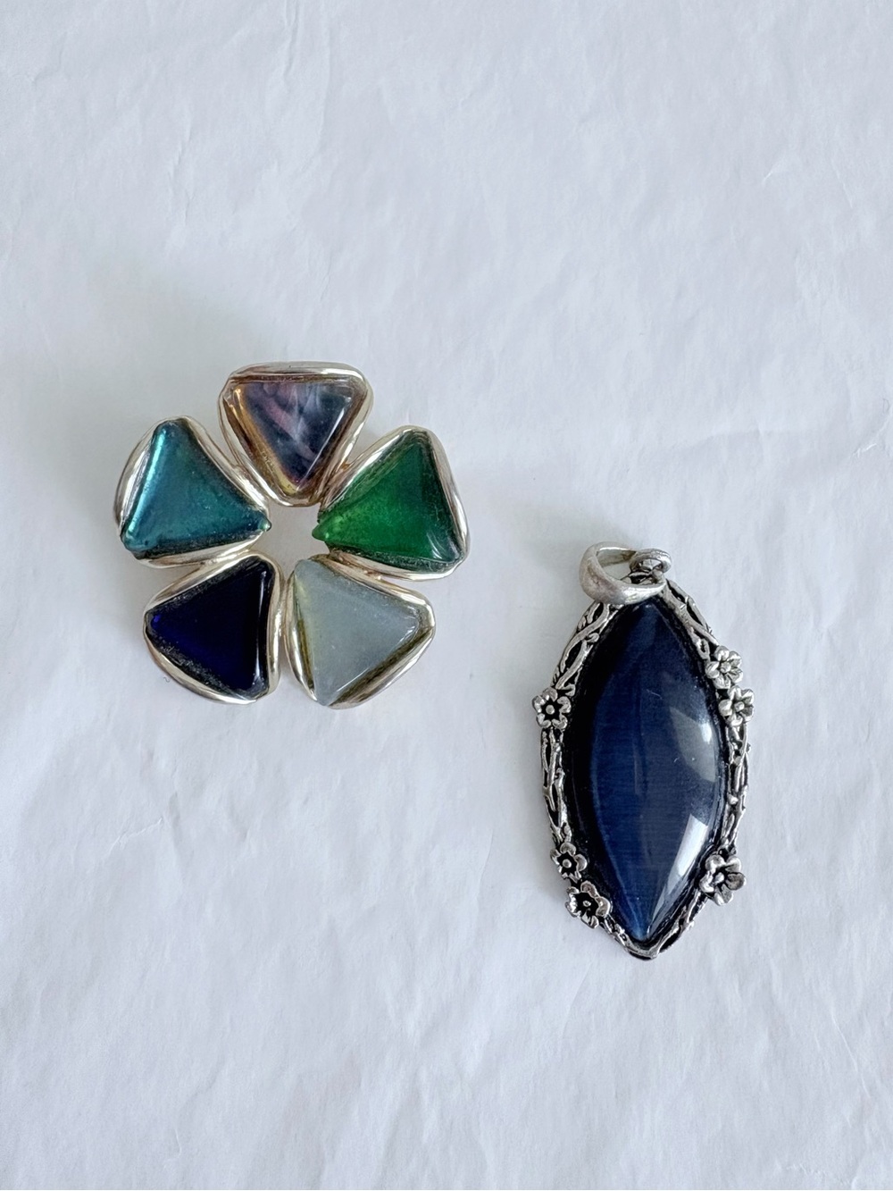 Multi-Tone flower Brooch and Navy Marquise Pendant  - Unbranded